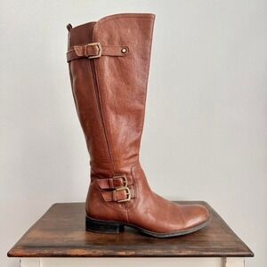 Brown leather boot Size 7 moto boho campus riding bronze gold buckle